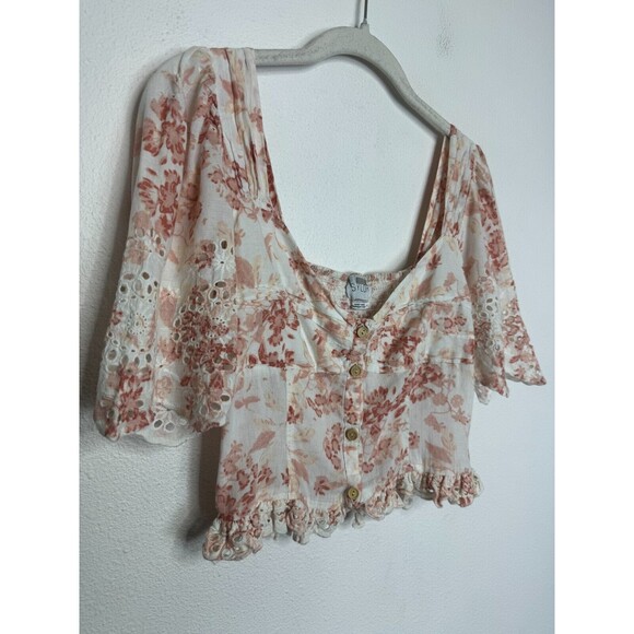 SAYLOR Size XS Janiya Floral Eyelet Crop Top V-Neck Ruffle Smocked Button Front - Picture 14 of 15